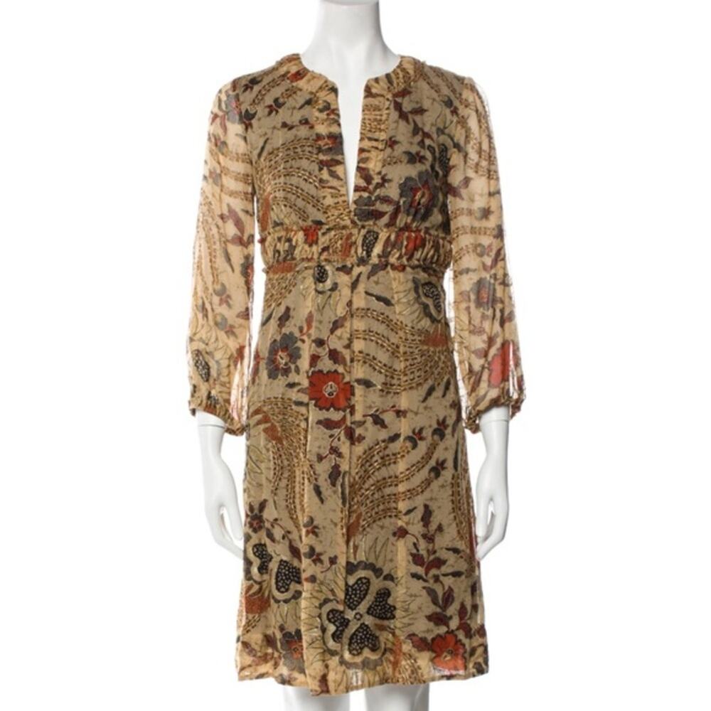 Diane Von Furstenberg Silk Brown Sheer Sleeves Knee Length Floral Dress Size 4